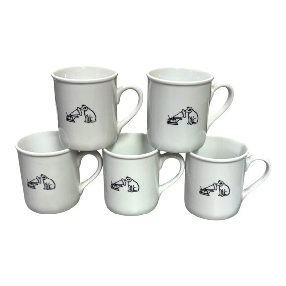 Set of 5 RCA Nipper Victor Gramophone Logo Vintage Coffee Cup Black on White Mug - Picture 1 of 7